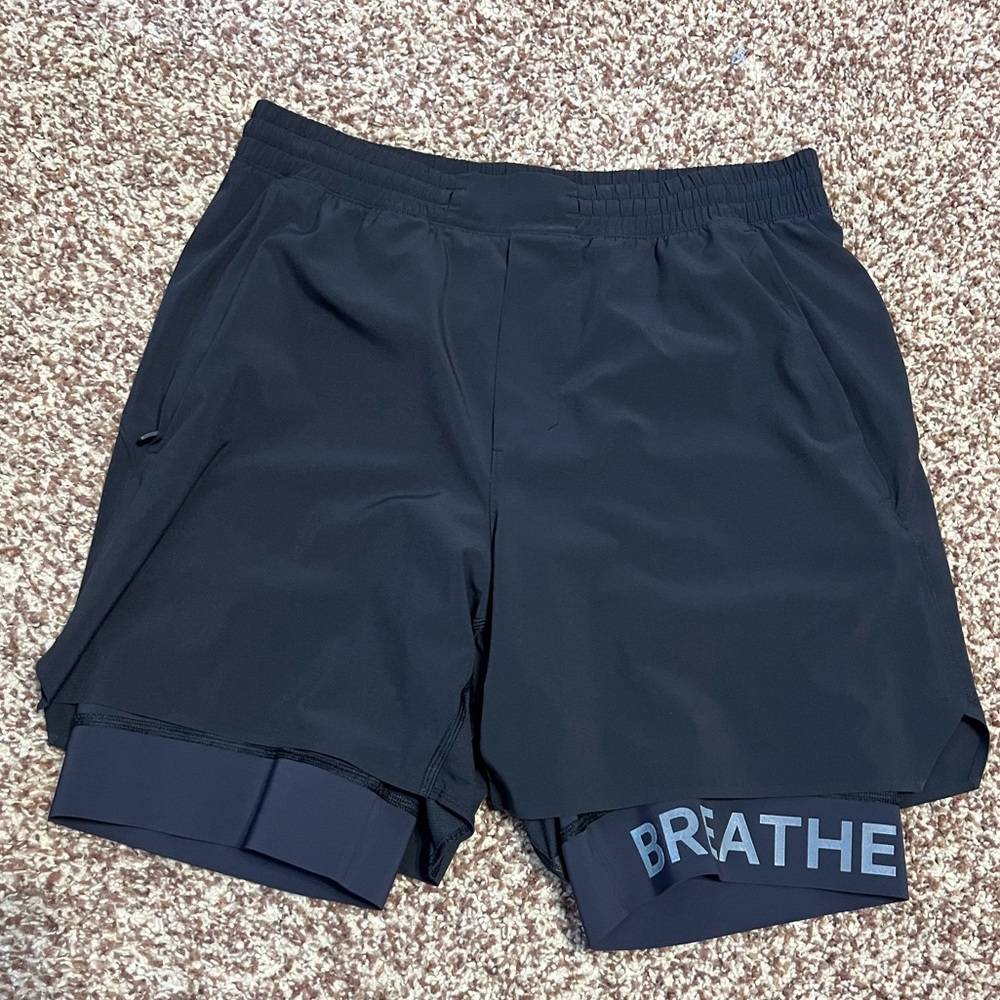 Lululemon black “breathe” “repeat” lined shorts size M